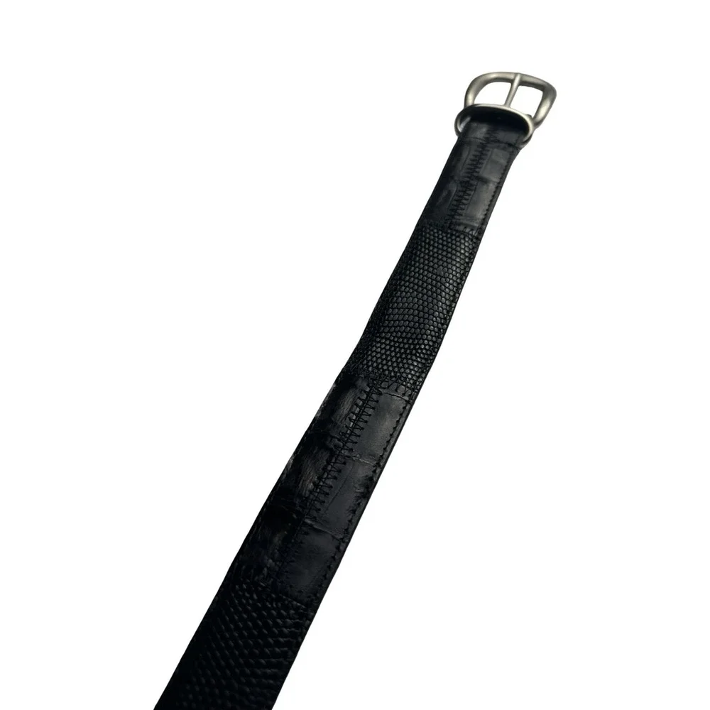 Bespoke Black Alligator Lizard Patchwork Mens Brass Buckle Belt 36 Made in USA
